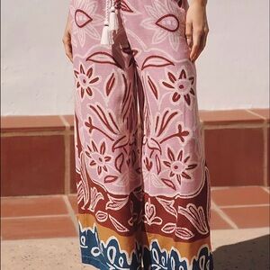 Anthropologie Pink Floral Border Palazzo Pants